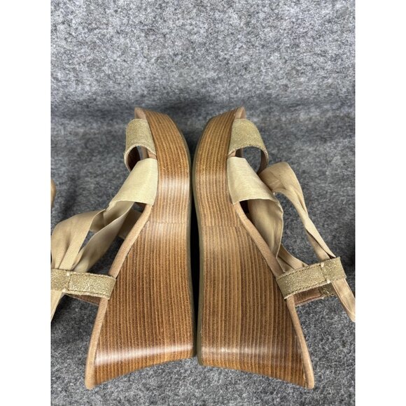 UGG Wedge Sandal Shoes Womens Size 6.5 Gold Glitter Strap Beige Tie Up - Picture 6 of 8